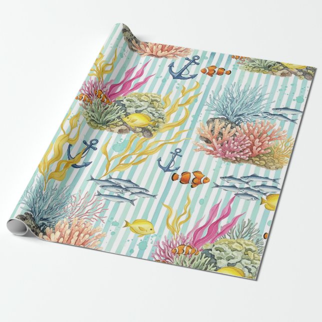 Colourful Coastal Sea Life Pattern (8) Wrapping Paper (Unrolled)