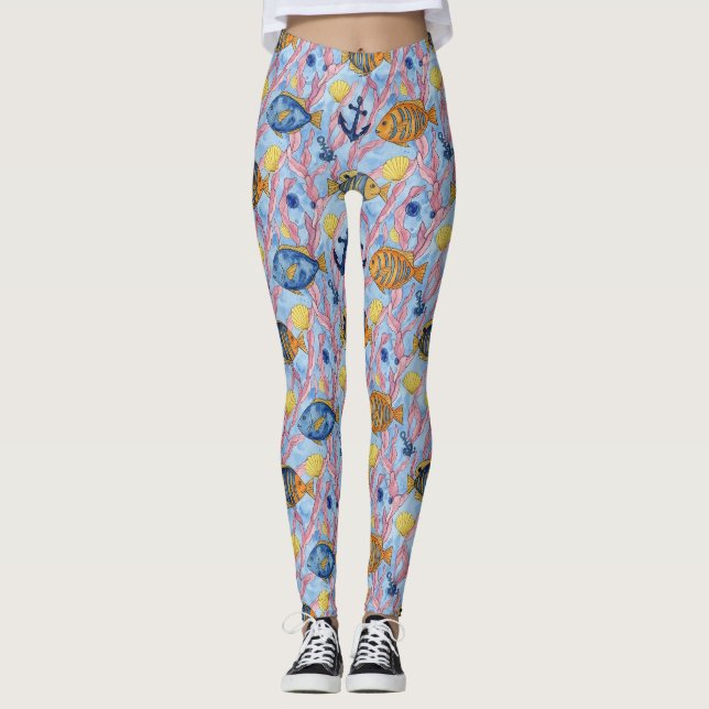 Colourful Coastal Sea Life Pattern (9) Leggings (Front)