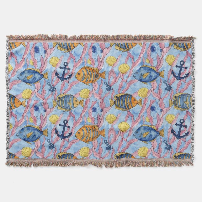 Colourful Coastal Sea Life Pattern (9) Throw Blanket (Front)