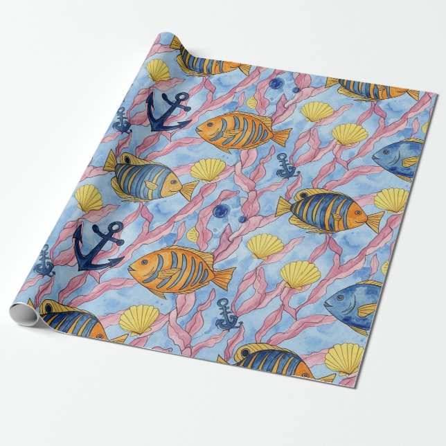 Colourful Coastal Sea Life Pattern (9) Wrapping Paper (Unrolled)
