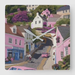Colourful Coastal Town Wall Clock
