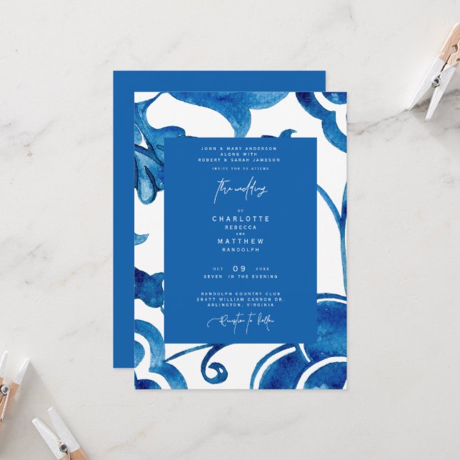 Colourful Cobalt Mediterranean Tile Modern Wedding Invitation (Front/Back In Situ)