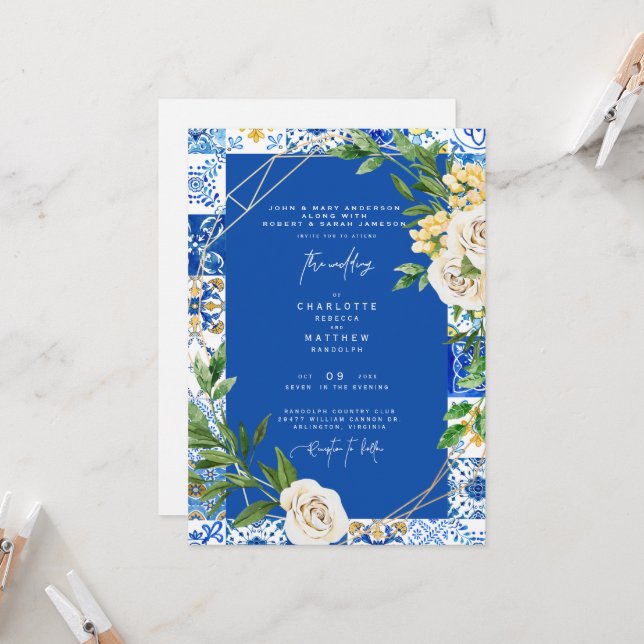 Colourful Cobalt Mediterranean Tile Wedding Invitation (Front/Back In Situ)