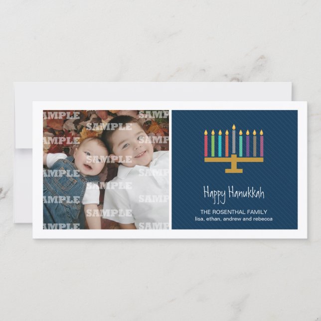 Colourful Cobalt Menorah Hanukkah Holiday Card (Front)