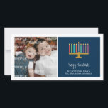 Colourful Cobalt Menorah Hanukkah Holiday Card<br><div class="desc">Here's a fun graphic look for a Hanukkah photocard. A colourful menorah highlights a striped light blue panel with your special message underneath. Add a photo and customise the text as you like. Available in alternate colours with matching products.</div>