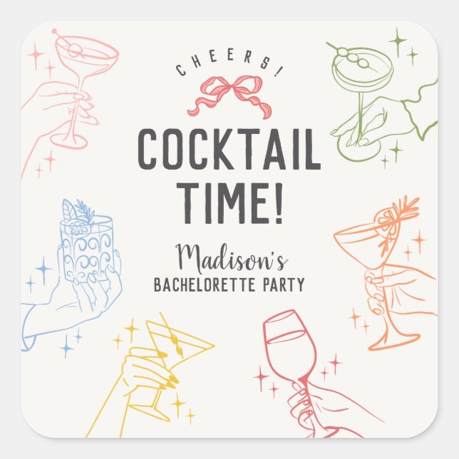Colourful Cocktail Party Retro Bachelorette Envelo Square Sticker (Front)