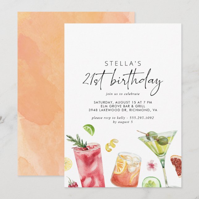 Colourful Cocktails | Fun Cute 21st Birthday Party Invitation (Front/Back)