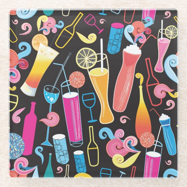 Colourful Cocktails Graphic Seamless Pattern Glass Coaster (Front)
