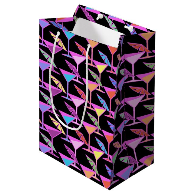 Colourful Cocktails on Black Pattern Medium Gift Bag (Front Angled)