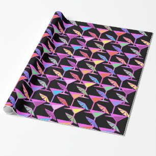 Colourful Cocktails on Black Pattern Wrapping Paper