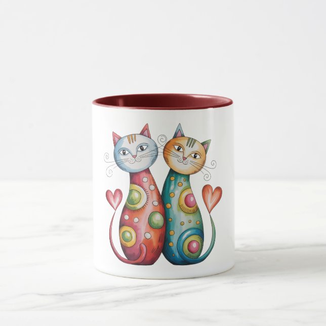Colourful coffee mug with a pair of loving kitties (Center)
