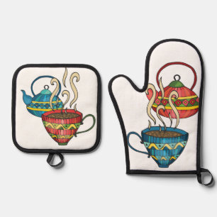 Colourful Coffee & Tea Pot and Mug Oven Mitt & Pot Holder Set