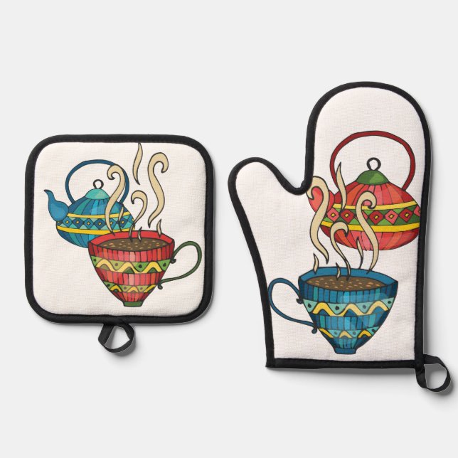 Colourful Coffee & Tea Pot and Mug Oven Mitt & Pot Holder Set (Front)