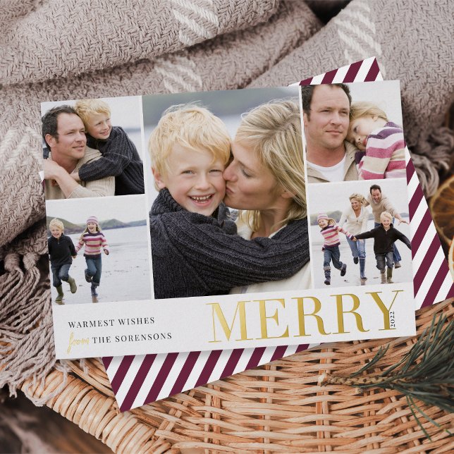 Colourful Collage | Merry & Bright 5 Photo Foil Holiday Card (Creator Uploaded)