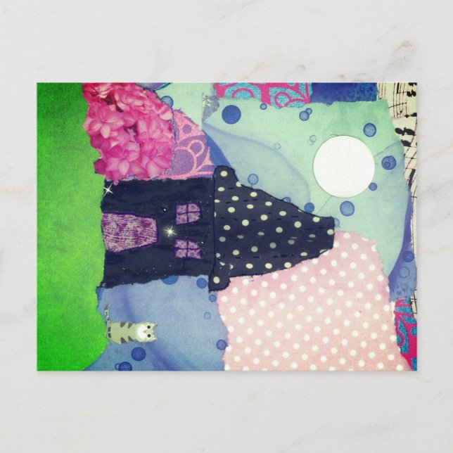 Colourful Collage with Tiny House, Moon, Cat Postcard (Front)
