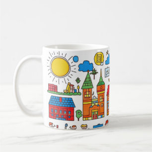colourful collection of houses, buildings, trees coffee mug