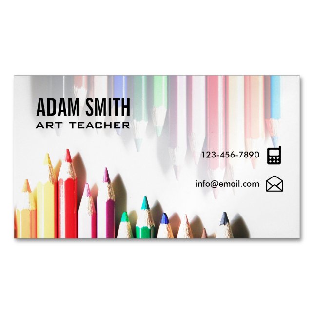 Colourful Colour Pencils School Art Teacher Magnetic Business Card (Front)