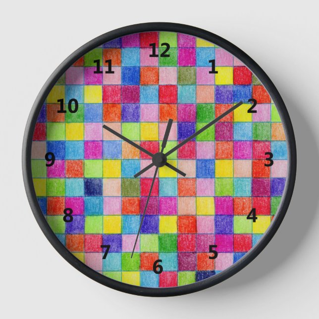 Colourful Coloured In Graph Paper Squares Pattern Clock (Front)
