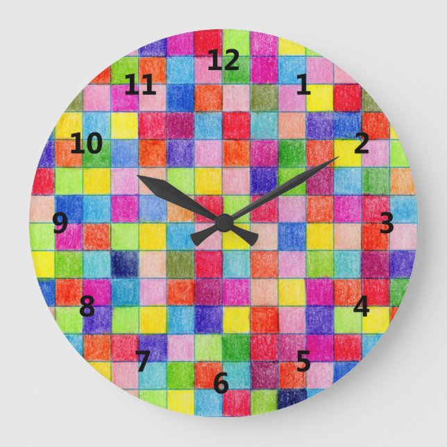 Colourful Coloured In Graph Paper Squares Pattern Large Clock (Front)