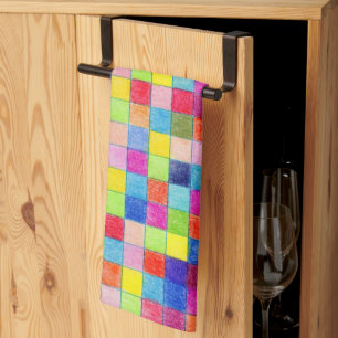 Colourful Coloured In Graph Paper Squares Pattern Tea Towel
