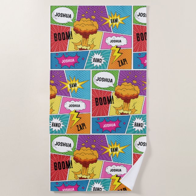 Colourful Comic Book Personalised Name Pop Art Beach Towel (Front)