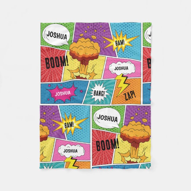 Colourful Comic Book Personalised Name Pop Art Fleece Blanket (Front)