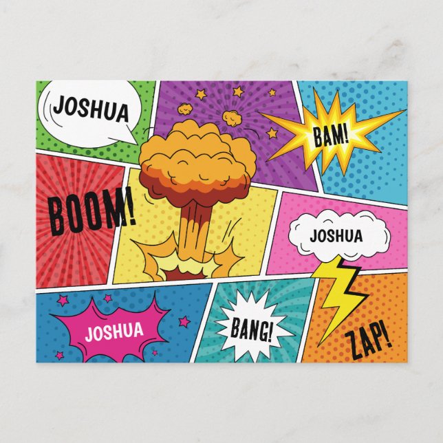 Colourful Comic Book Personalised Name Pop Art Holiday Postcard (Front)