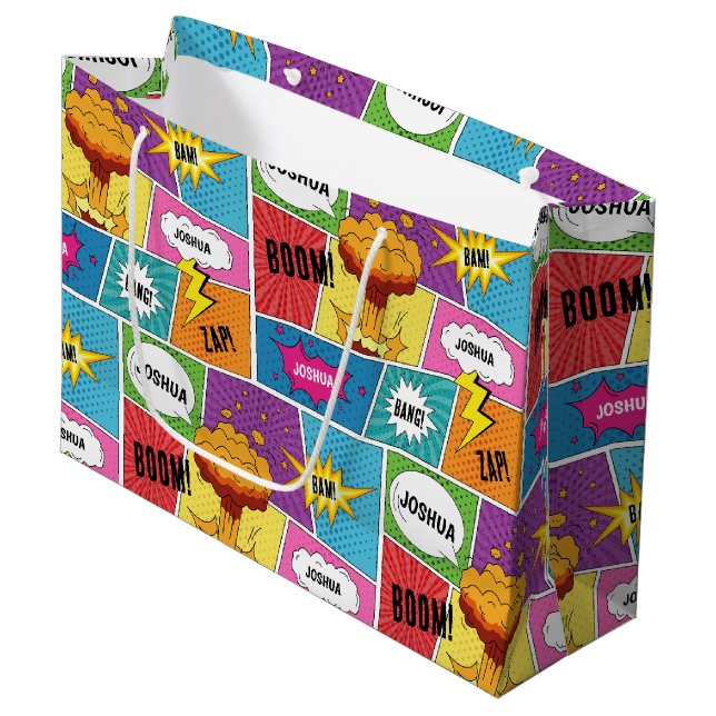 Colourful Comic Book Personalised Name Pop Art Large Gift Bag (Front Angled)