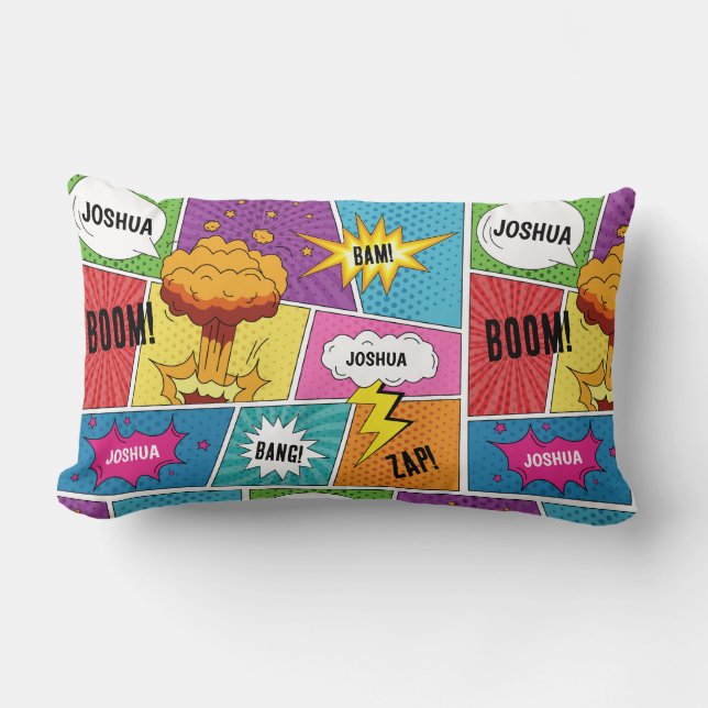 Colourful Comic Book Personalised Name Pop Art Lumbar Cushion (Front)