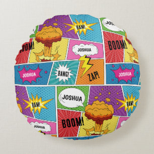 Colourful Comic Book Personalised Name Pop Art Round Cushion