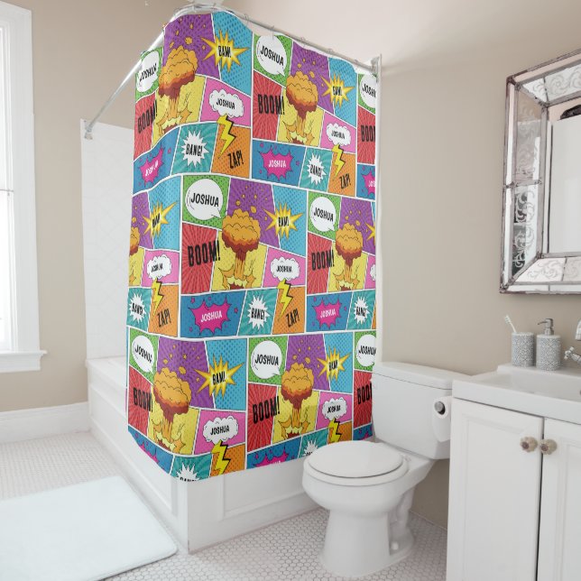 Colourful Comic Book Personalised Name Pop Art Shower Curtain (In Situ)