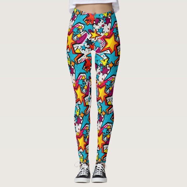 Colourful Comic Book Style Stars Patterned Yoga Leggings (Front)
