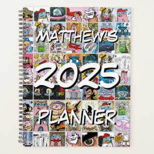 Colourful Comic Characters Pattern Name Yearly Planner