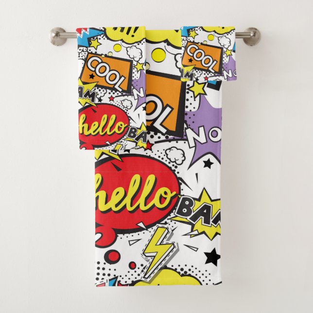 Colourful Comic Pop Art Speech Bubble Pattern Bath Towel Set (Insitu)