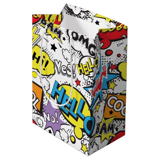 Colourful Comic Pop Art Speech Bubble Pattern Medium Gift Bag (Back Angled)