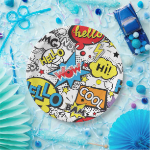 Colourful Comic Pop Art Speech Bubble Pattern Paper Plate