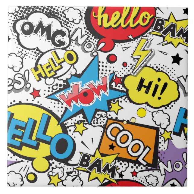 Colourful Comic Pop Art Speech Bubble Pattern Tile (Front)