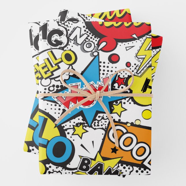Colourful Comic Pop Art Speech Bubble Pattern Wrapping Paper Sheet (In situ)
