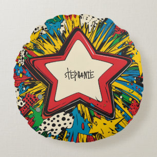 Colourful Comic Pop Art Starburst Explosion Round Cushion