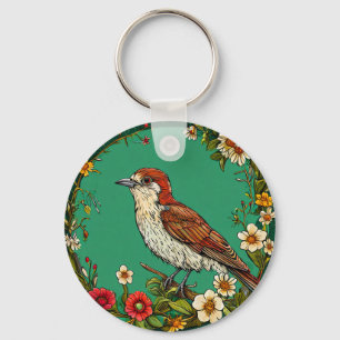 Colourful Common wren Bird Amid Blooming Flowers Key Ring