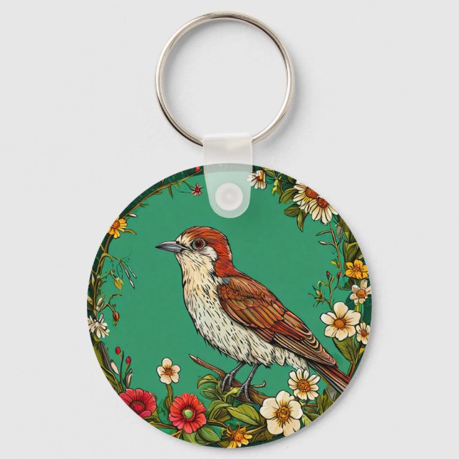 Colourful Common wren Bird Amid Blooming Flowers Key Ring (Front)