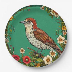 Colourful Common wren Bird Amid Blooming Flowers Paper Plate