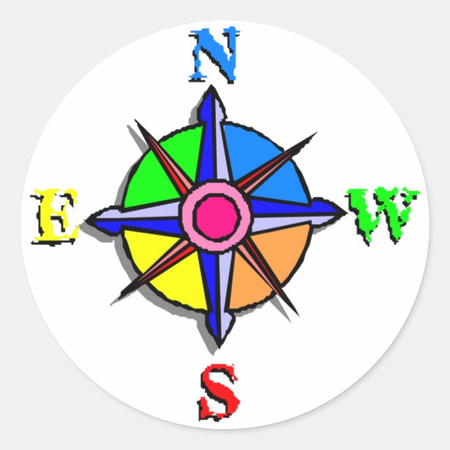 Colourful Compass Rose Classic Round Sticker (Front)