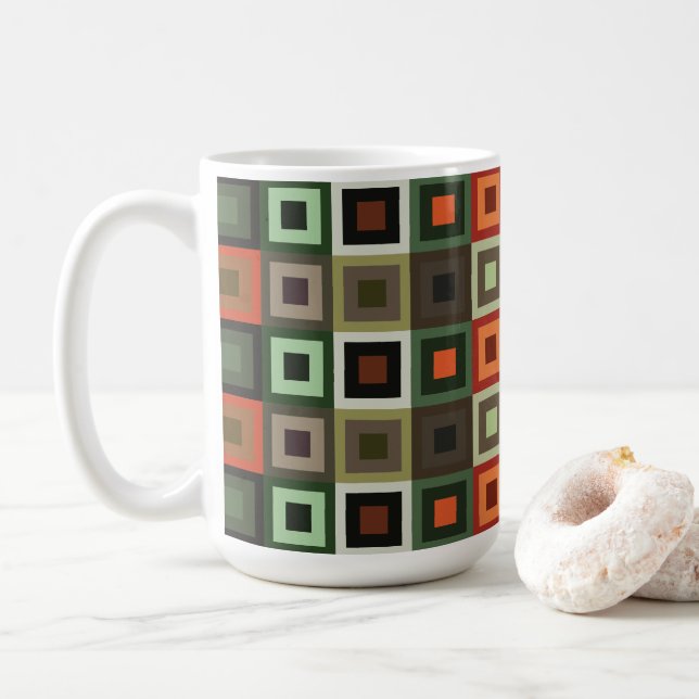 Colourful Concentric Square Geometric Pattern Coffee Mug (With Donut)