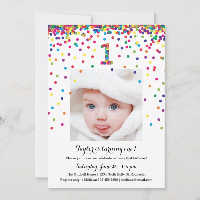 Colourful Confetti 1st Birthday Photo Invitations (Front)