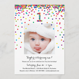 Colourful Confetti 1st Birthday Photo Invitations