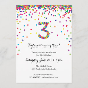 Colourful Confetti 3rd Birthday Party Invitations