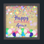 Colourful Confetti And Balloons Happy Birthday  Gift Box<br><div class="desc">Personalised birthday gift box design featuring colourful confetti and balloons on a old paper background. The text is fully customisable.</div>