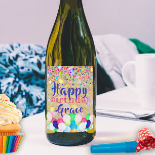 Colourful Confetti And Balloons Happy Birthday Wine Label