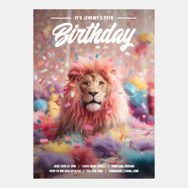 Colourful Confetti and Lion Birthday Invitation